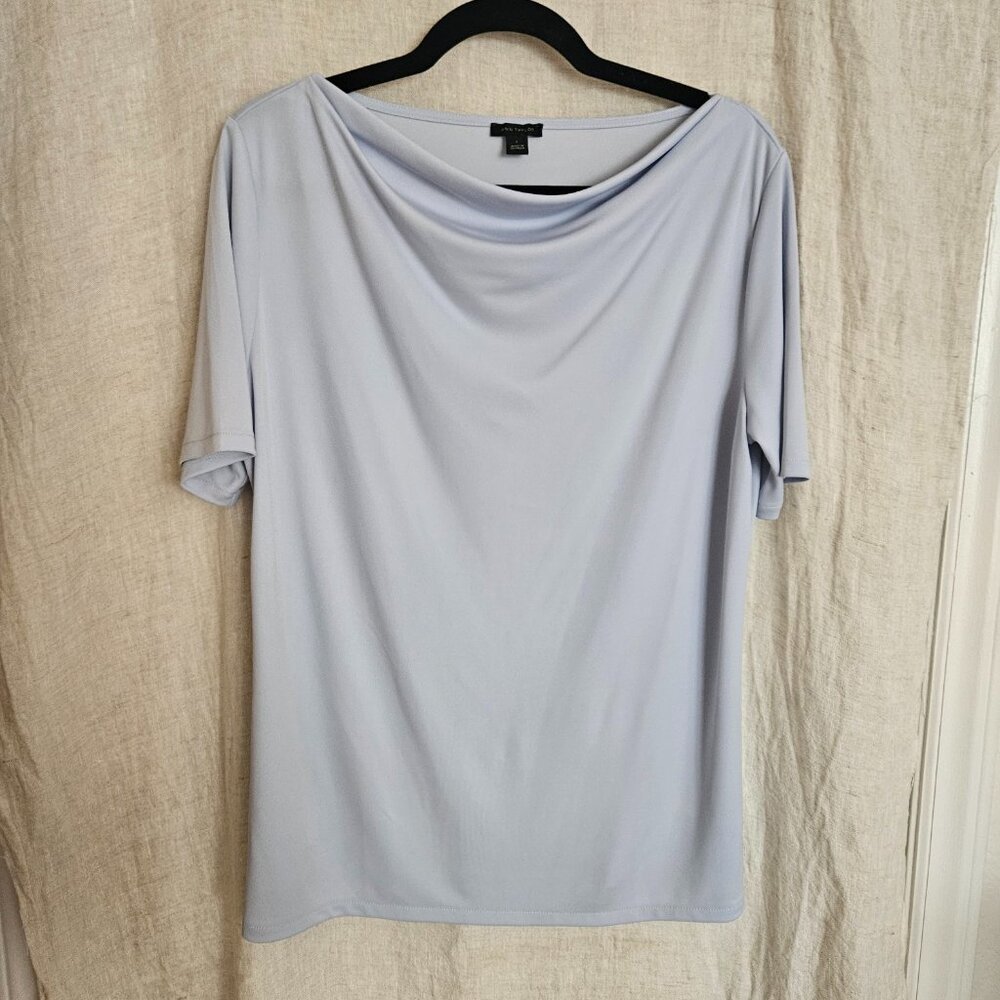 Ann Taylor Draped Neck Top Light Blue Short Sleeve Blouse Stretch